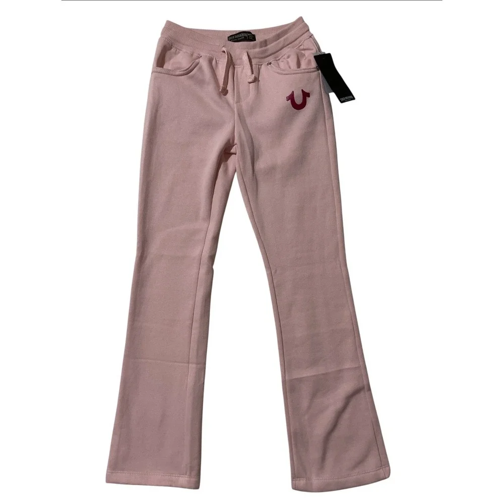 True Religion Girls Pink Flare Sweatpants Horseshoe Logo Small 7/8 Casual School
